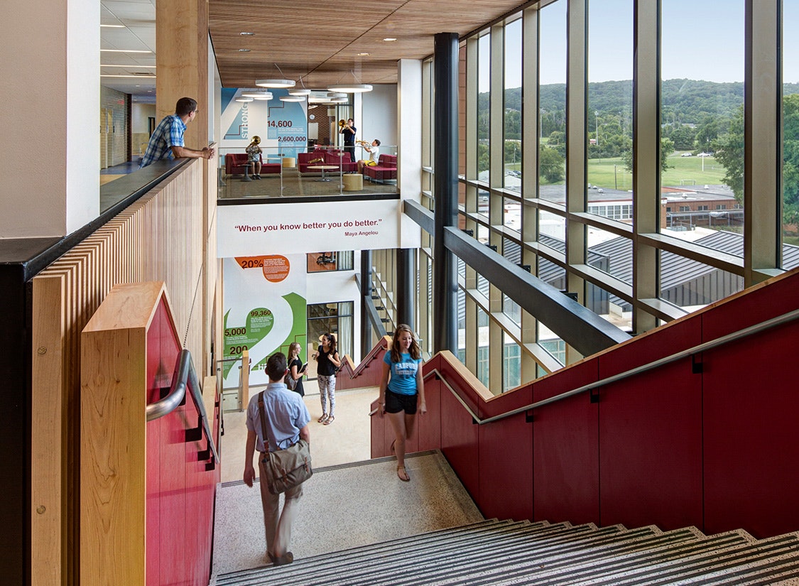 The renovation of Fauquier High School included the addition of a four-story academic wing that provides a range of flexible 21st-century learning spaces connected by a monumental central stair. The design of this four-story addition draws inspiration from a set of active design guidelines (first implemented by New York City in 2010) that encourages movement and active utilization of the built environment to bolster the health of students, staff, and faculty.